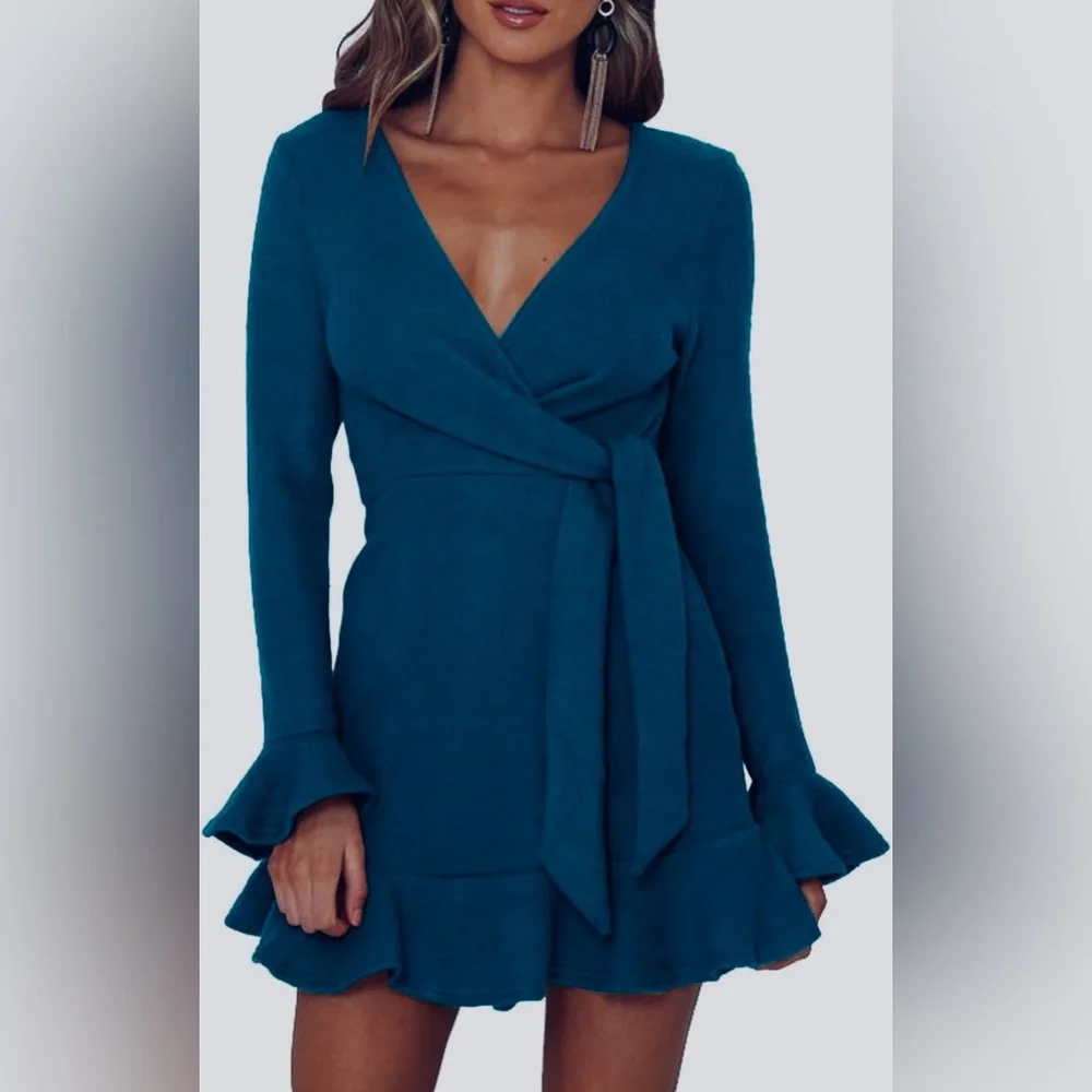 R.Vivimos Dark Teal Blue Winter Long Sleeve Sweater Dress Sz S 4/6